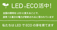 LEDでECO活中！全国の照明をLEDに変えることで、原発の13基分の電力が節約されると言われています。私たちはLEDでECOの芽を育てます。